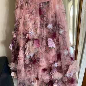 MARCHESA NOTTE
Floral-appliquéd gathered floral-print tulle gown US 4